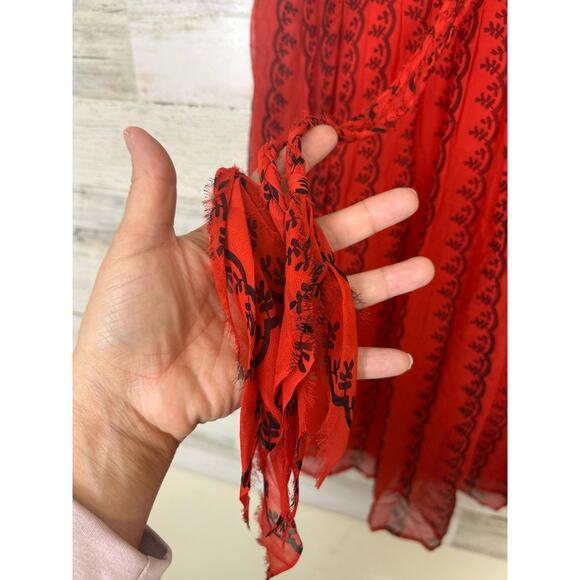 Cacharel Women’s 2 Red Black Silk Embroidered Lined Belted Boho Mini Dress - Picture 6 of 9